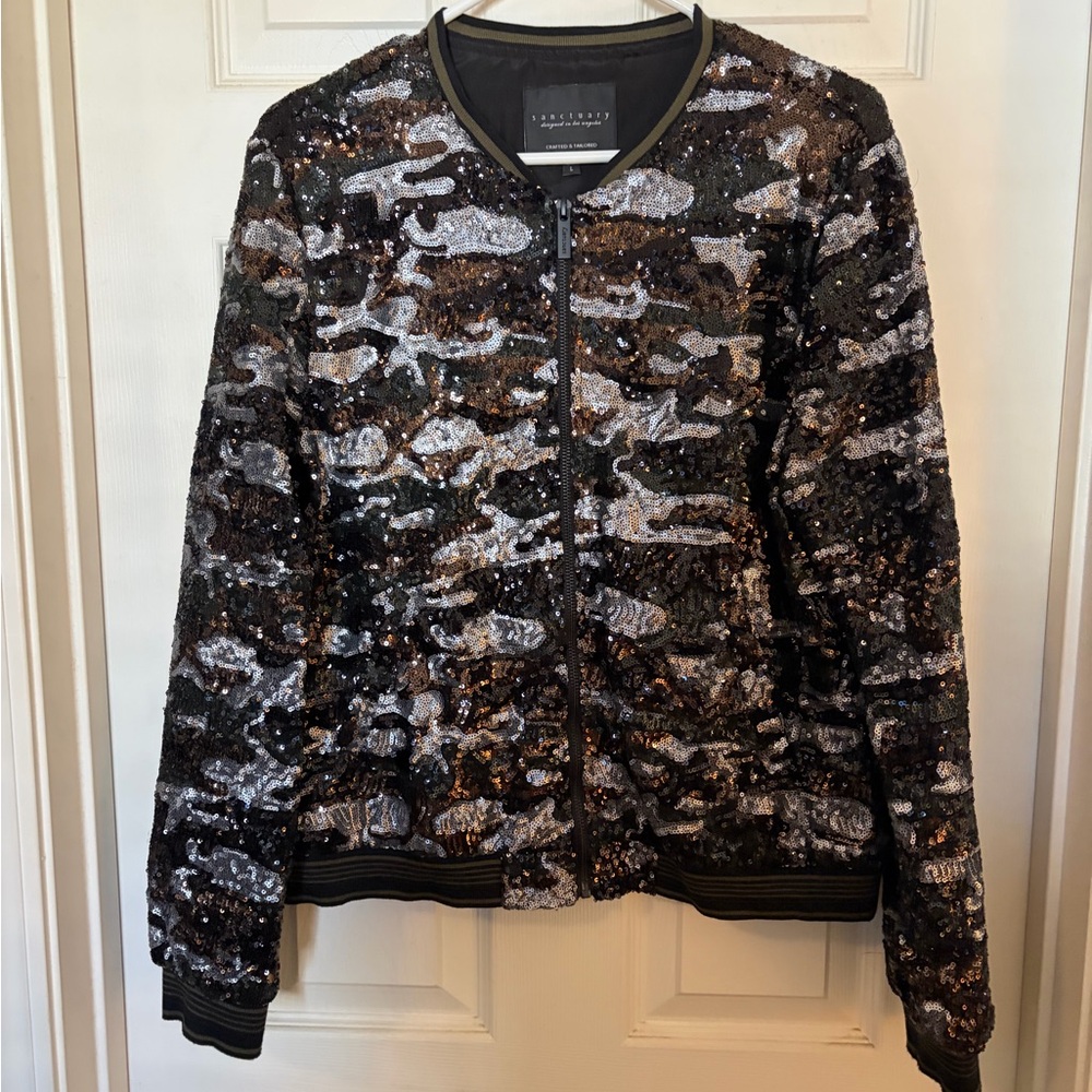Sanctuary Sequin Camo Bomber Jacket - Size L